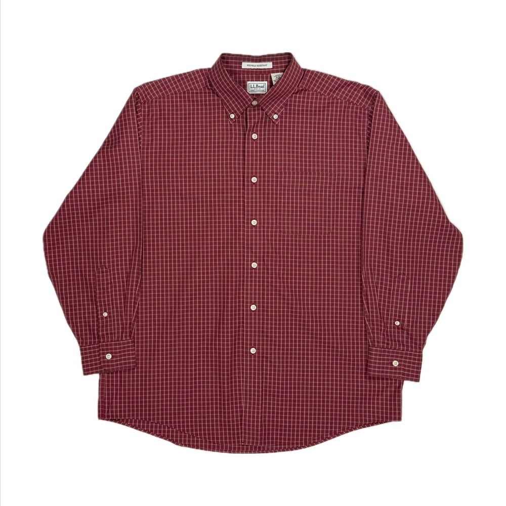 LL Bean Wrinkle resistant red check plaid button down oxford mens 16-32 medium